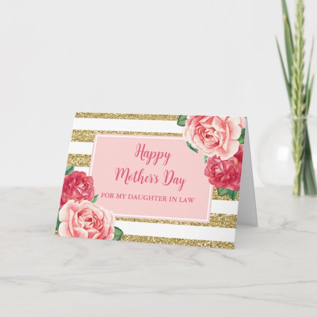 Gold Pink Floral Daughter in Law Happy Mother's Card (Front)