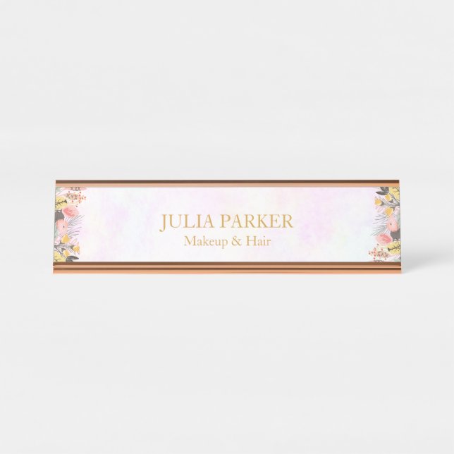 Gold Pink Floral Desk Name Plate (Front)