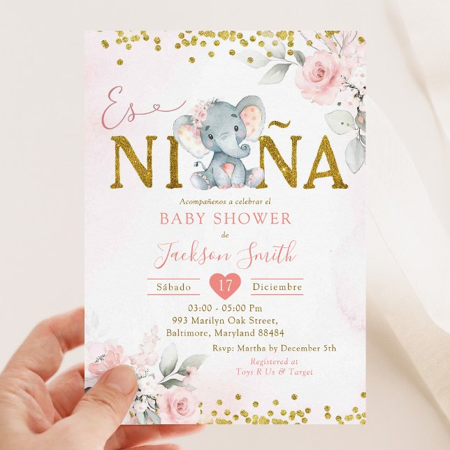 Gold Pink Floral Elephant Es niña Baby Shower Invitation (Creator Uploaded)