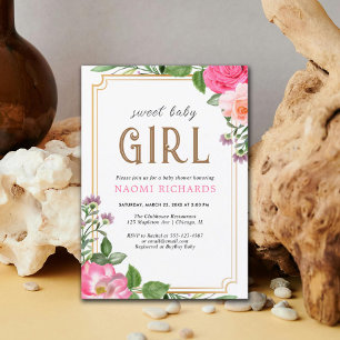 Gold Pink Floral Girl Baby Shower Frame Invitation
