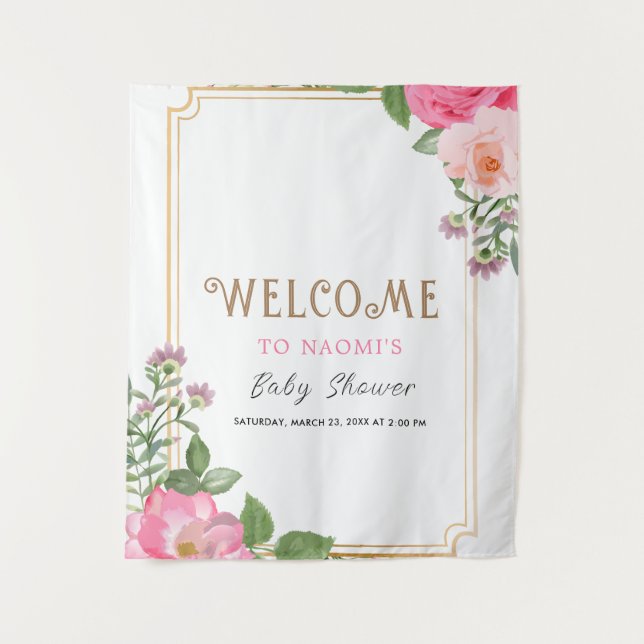 Gold Pink Floral Girl Baby Shower Frame Tapestry (Front)