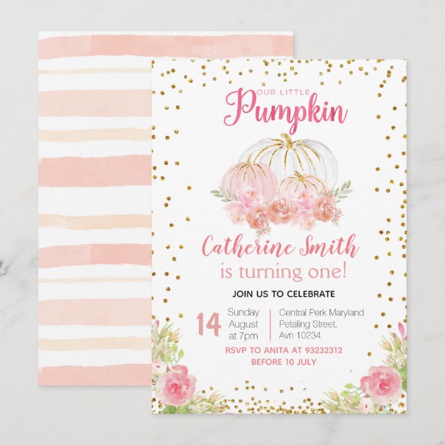 Gold Pink Floral Gold Pumpkin 1st Birthday Invitation (Front/Back)