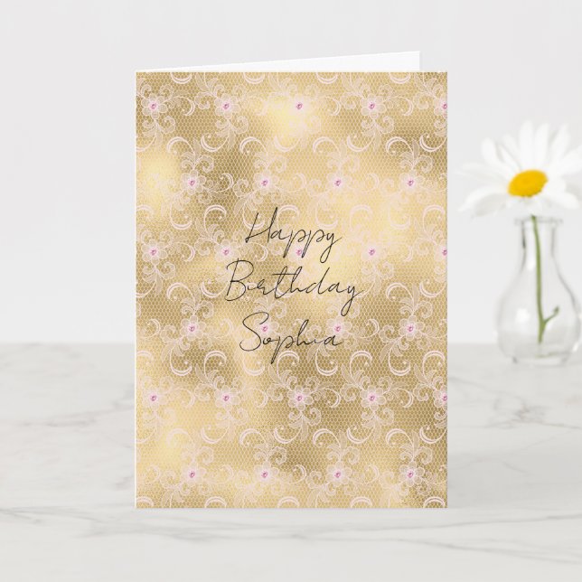 Gold Pink Floral Lace Card (Small Plant)