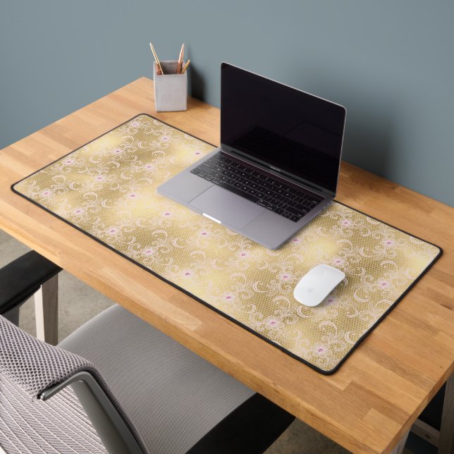 Gold Pink Floral Lace Desk Mat (Office 2)