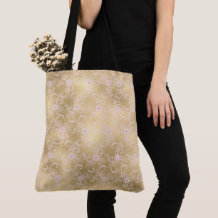 Gold Pink Floral Lace Tote Bag