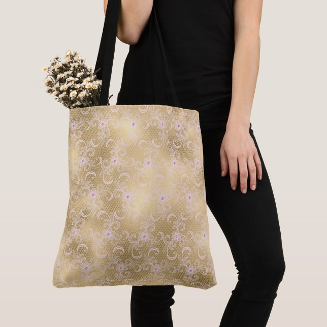 Gold Pink Floral Lace Tote Bag (Close Up)