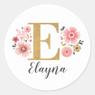 Gold Pink Floral Monogram Initial Letter E Classic Round Sticker