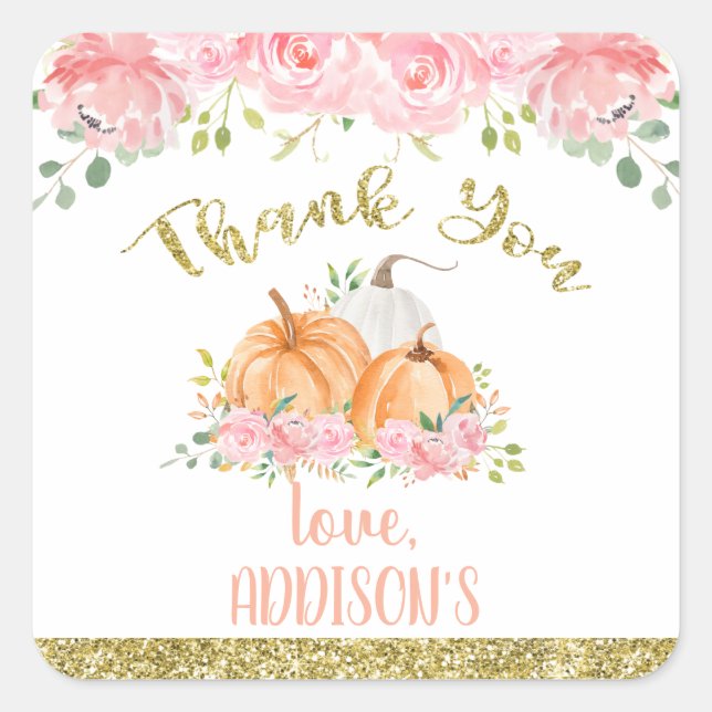 Gold Pink Floral Pumpkin Birthday Party Favour   Square Sticker (Front)