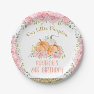 Gold Pink Floral Pumpkin Birthday Party Paper Plate