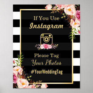 Gold Pink Floral Stripes Instagram Wedding Sign