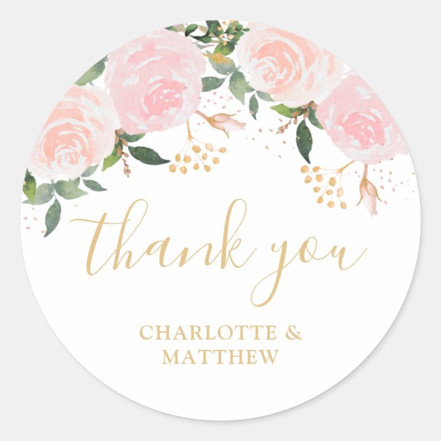 Gold Pink Floral Thank you Favour Classic Round Sticker (Front)