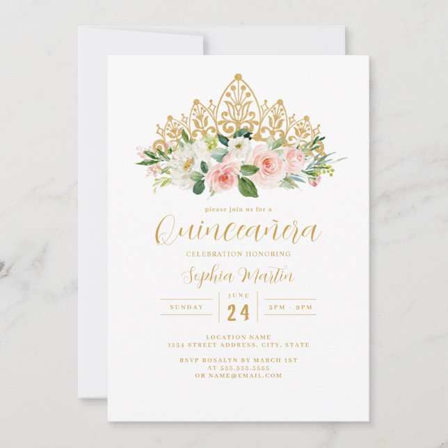 Gold Pink Floral Tiara Quinceanera  Invitation (Front)