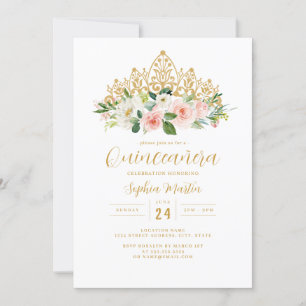 Gold Pink Floral Tiara Quinceanera  Invitation