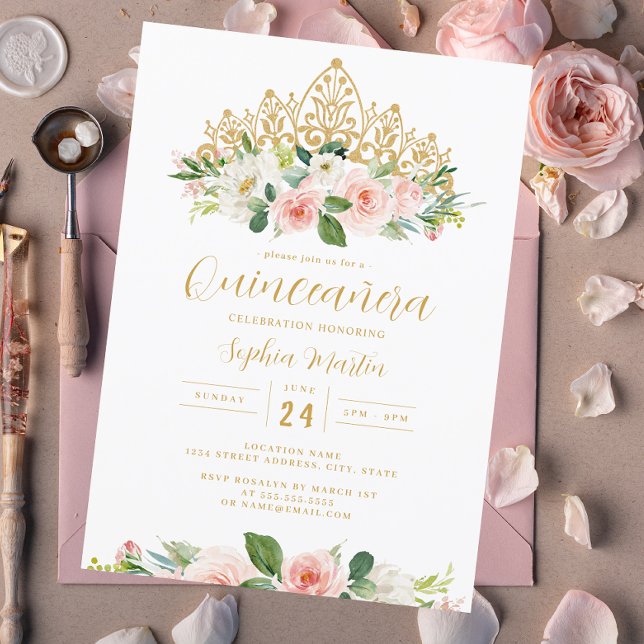 Gold Pink Floral Tiara Quinceanera  Invitation (Creator Uploaded)