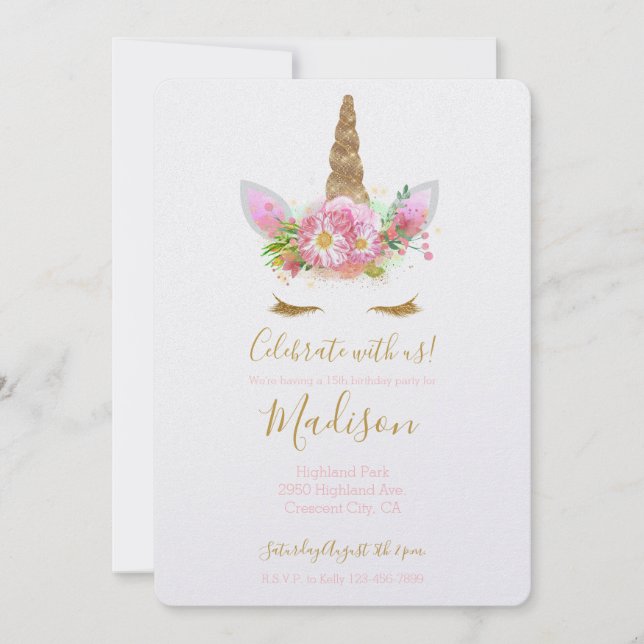 Gold Pink Floral Unicorn Birthday Invitation (Front)