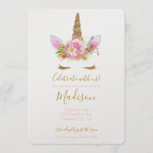 Gold Pink Floral Unicorn Birthday Invitation