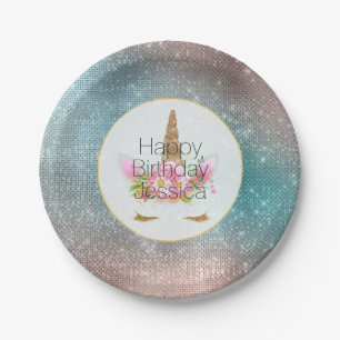 Gold Pink Floral Unicorn Birthday Paper Plate
