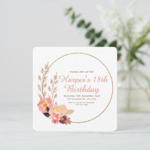Gold Pink Floral Watercolor Minimalist Birthday  Invitation