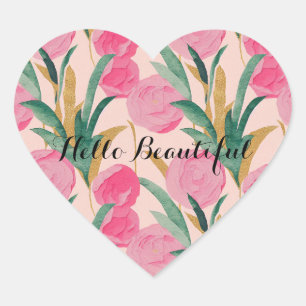Gold Pink Flowers Heart Sticker