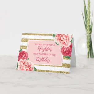 Gold Pink Flowers Neighbor Birthday Card