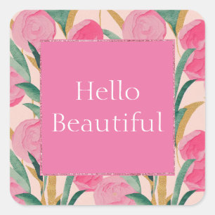 Gold Pink Flowers Square Sticker