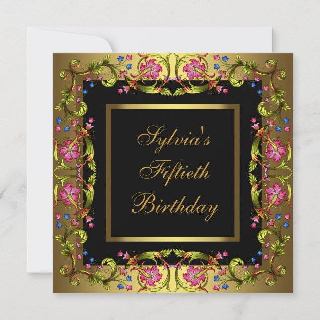 Gold Pink Flowers Womans 50th Birthday Party Invitation (Front)