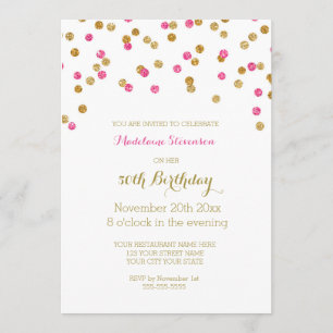 Gold Pink Fuchsia Confetti 50th Birthday Party Invitation