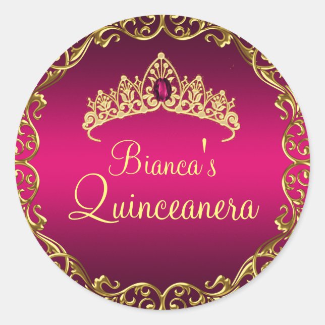 Gold & Pink Gem Tiara Quinceanera Sticker (Front)