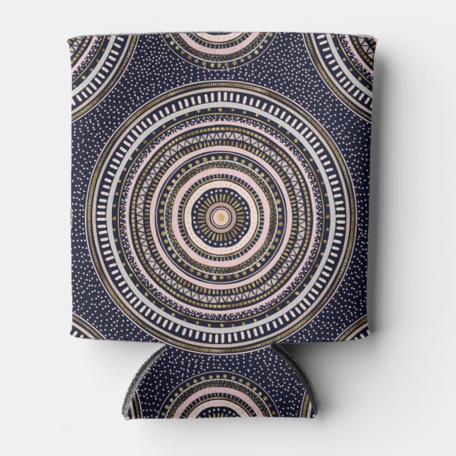 Gold Pink Geometric Doodles Blue Mandala Can Cooler (Front)
