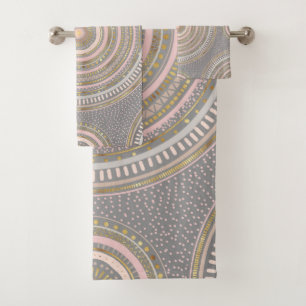 Gold Pink Geometric Doodles Grey Gradient Mandala Bath Towel Set