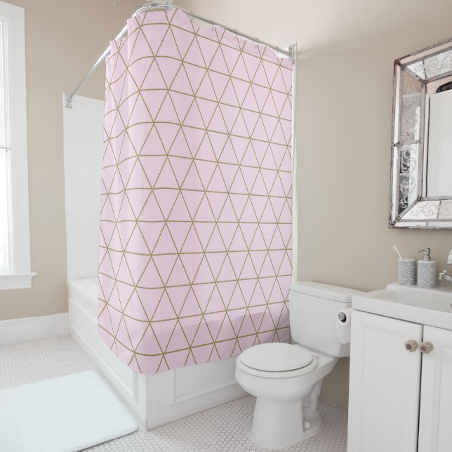 Gold Pink Geometric Triangles Boho Glam Minimal Shower Curtain (In Situ)