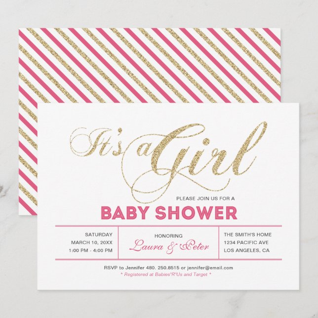 Gold & Pink | Girl, Chic Typography Baby Shower Invitation (Front/Back)