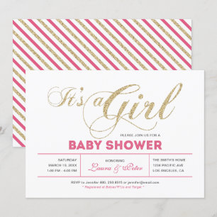 Gold & Pink Girl, Chic Typography Baby Shower Invitation