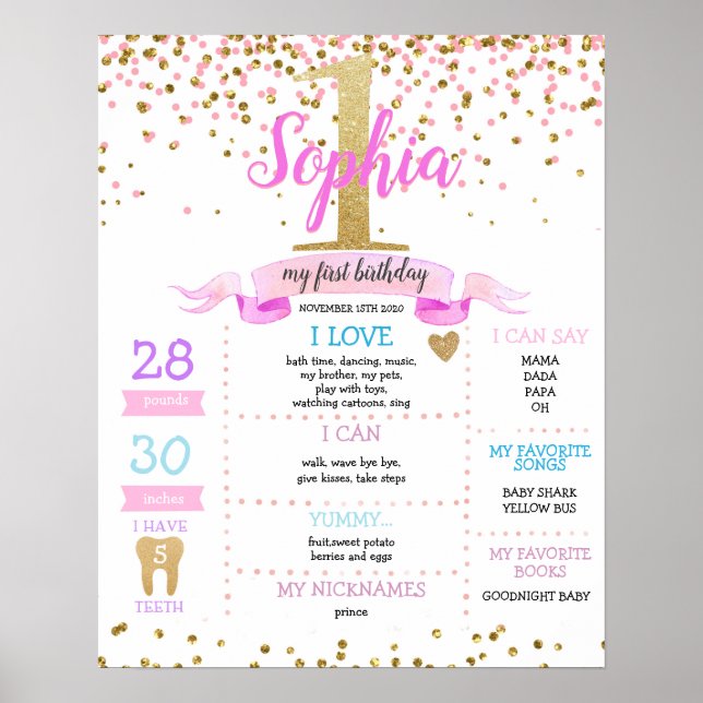 Gold Pink Girl First Birthday Milestone Poster (Front)