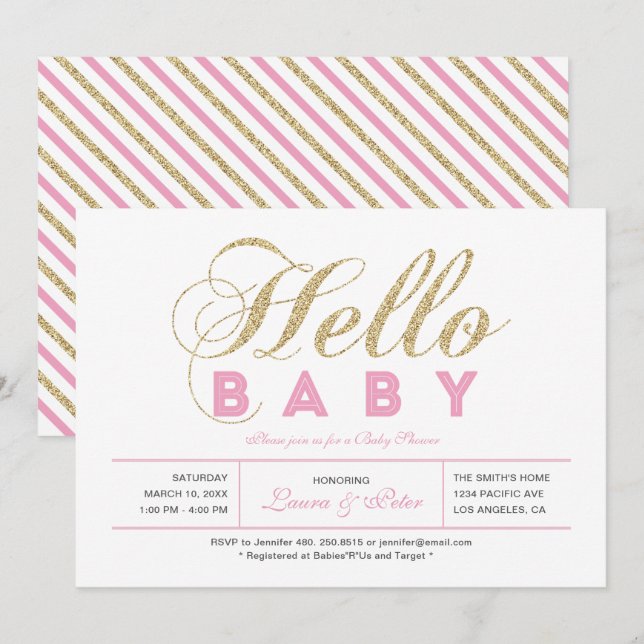 Gold & Pink | Girl, Modern Typography Baby Shower Invitation (Front/Back)