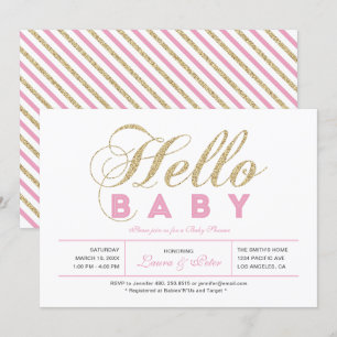 Gold & Pink Girl, Modern Typography Baby Shower Invitation