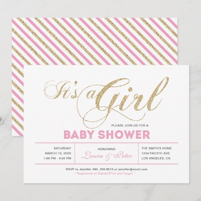 Gold & Pink | Girl, Modern Typography Baby Shower Invitation (Front/Back)