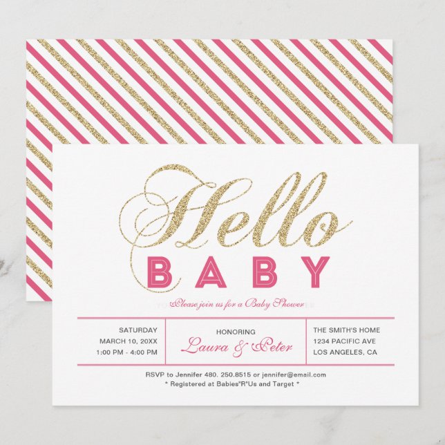 Gold & Pink | Girl, Modern Typography Baby Shower Invitation (Front/Back)