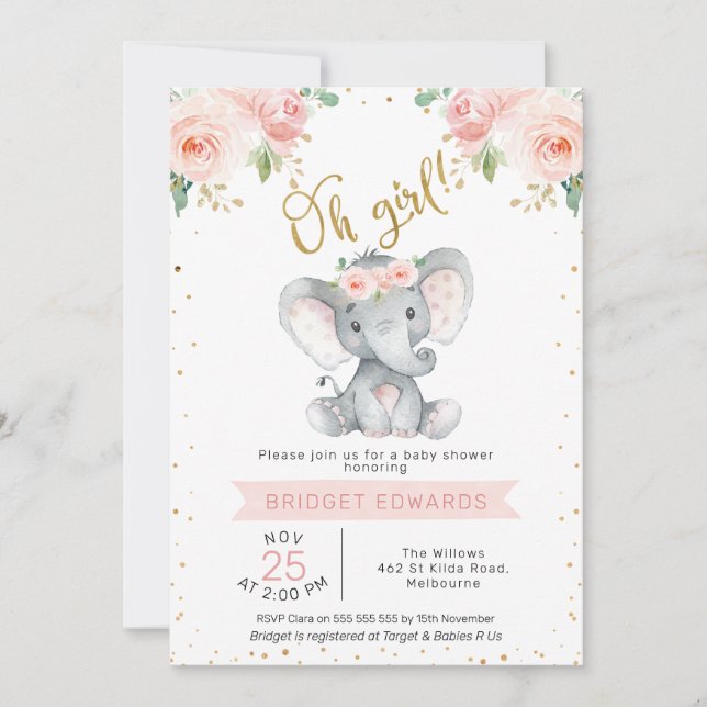 Gold Pink Girl's Safari Elephant Baby Shower Invitation (Front)
