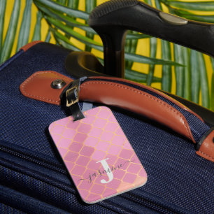 Gold & Pink Girly Glitter Monogram Script Luggage Tag
