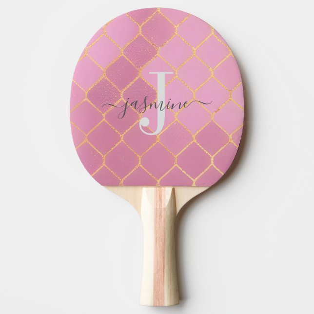 Gold & Pink Girly Glitter Monogram Script Ping Pong Paddle (Front)