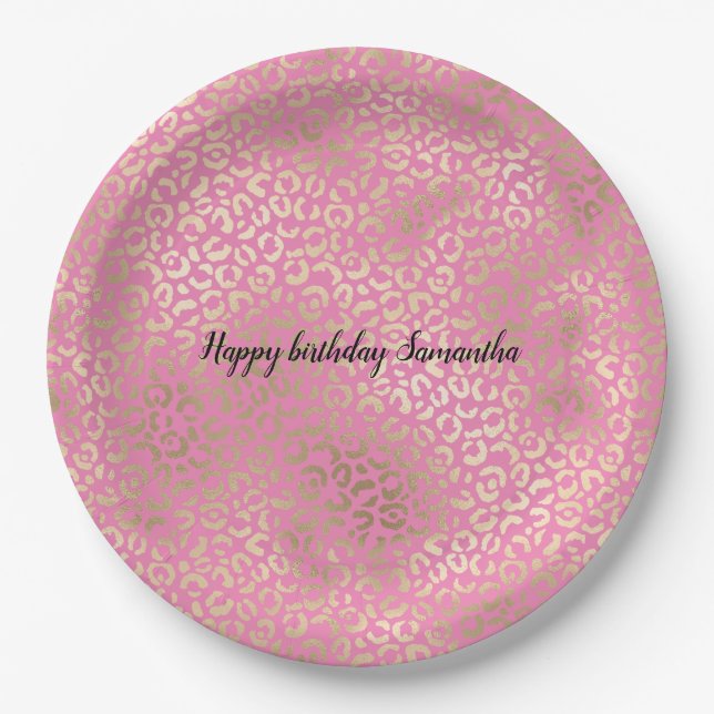 Gold Pink Glam Leopard Print Paper Plate (Front)