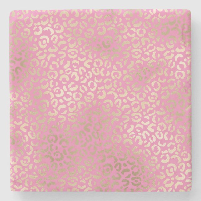 Gold Pink Glam Leopard Print Stone Coaster (Front)