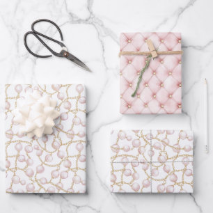 Gold Pink Glam Pearls Wrapping Paper Sheet