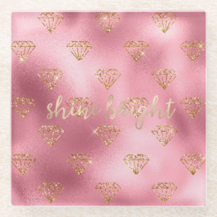 Gold Pink Glitter Diamonds    Glass Coaster