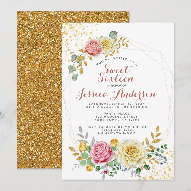 Gold Pink Glitter Floral Sweet Sixteen Invitation (Front/Back)