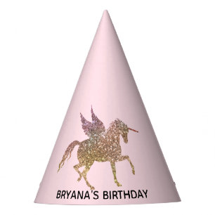 Gold Pink Glitter Flying Unicorn Birthday Party Party Hat
