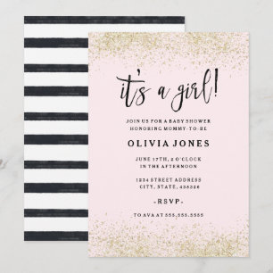 Gold Pink Glitter Girl Baby Shower Invitation