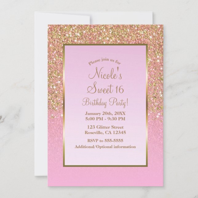 Gold & Pink Glitter Glam Shine Sweet 16 Party Invitation (Front)