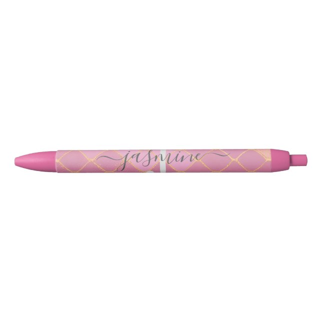 Gold & Pink Glitter Monogram Script Black Ink Pen (Front)